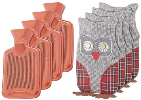 infactory Plüschtier-Wärmflasche: 4er-Set Kinder-Wärmflaschen mit Eulen-Bezug, 1 Liter (Trockner-geeignete Wärmflasche, Wärmeflasche mit Plüschbezug)