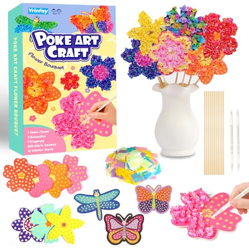 Yrinfay Poke Art Basteln Kinder - DIY 7 Blumen & 2 Schmetterlinge & 1 Libelle - Blumen Bastelset Spielspielzeug für Mädchen 6 7 8 - Geschenk Mädchen Junge 9 10 11 12 Jahre