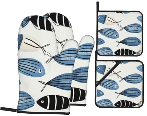 4 guanti blu da forno e presine a forma di pesce che nuotano, guanti da cucina con presine, guanti antiscivolo ad alta resistenza al calore a 500 gradi per barbecue, griglia, cottura, forno, microonde