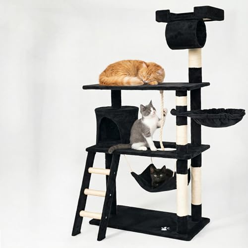 CASA Basics Rascador para Gatos PILLI 141 cm, Árbol con Plataformas y Accesorios para Jugar y Descansar Centro de Actividades Torre de Gatos Rascador para Gatos Casa para Gatos (Negro)