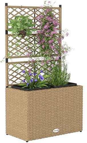 Outsunny Jardinière pour Plantes avec Treillis 2 Pots bac à Plante jardinière 22L Jardin Balcon Patio terrasse extérieur en résine tressée et Acier 57 x 30 x 107 cm Sable