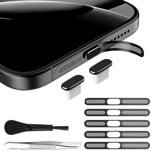 BelleVive 2 Tapones de Polvo USB-C de Metal, 5 Redes para Auriculares, Protector de Polvo de Altavoz para iPhone 16/15/16 Pro MAX, Negro