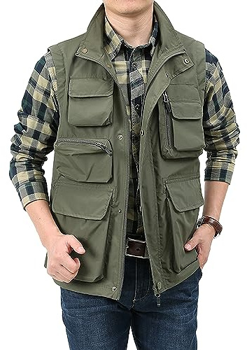 Vanchenl Gilet da uomo casual leggero utility da pesca all'aperto safari gilet cargo tiro da viaggio con tasche, verde militare, XL