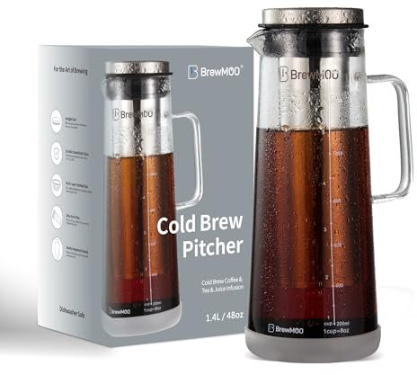 BrewMOO Cold Brew Coffee Maker Pitcher, 1.4L/48Oz Airtight Borosilicate Glass Carafe with 150 Mesh Precision Filter | Barista Grade Iced Coffee Maker, Integrated Glass Handle & Non Slip Base (Grey)