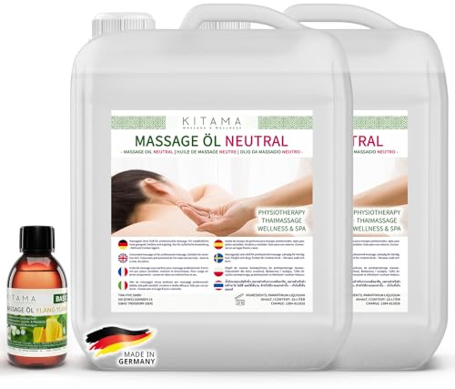 Kitama Massageöl Neutral 2x10L Duftlos + Aromaöl Ylang Ylang 250ml | Geruchsloses & hypoallergenes Massageöl ohne Parfum für Allergiker. Set inkl. 250ml Aroma-Öl für Thaimassage & Physio