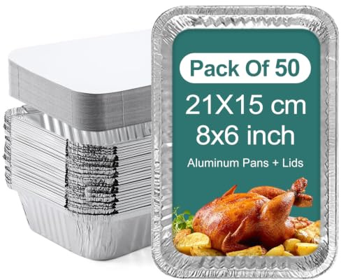 Eupako 50 Pack Foil Baking Pans with Lids 21x15cm Aluminium Foil Trays | Heavy-Duty Aluminum, Leak-Proof Snap Lids, Oven Safe, 8x16in Pans for Baking Cakes, Bread & Meat Loaves.