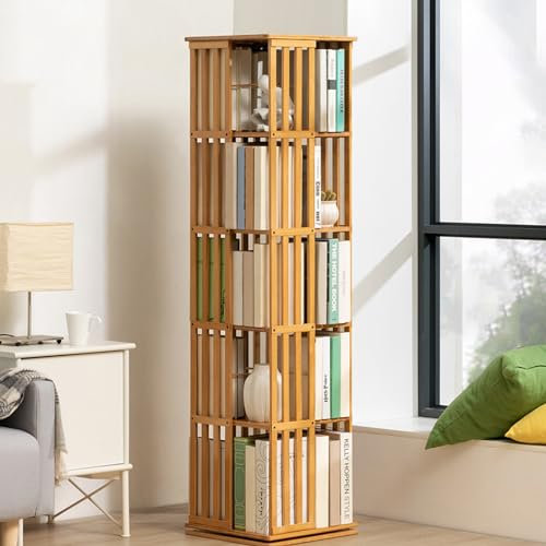 Generisch 360° drehbares 6-stöckiges Bücherregal – platzsparender Bücherturm aus Holz für kleine Räume, stehender Spielzeugschrank, stilvolles Eckregal, A-5-lagig
