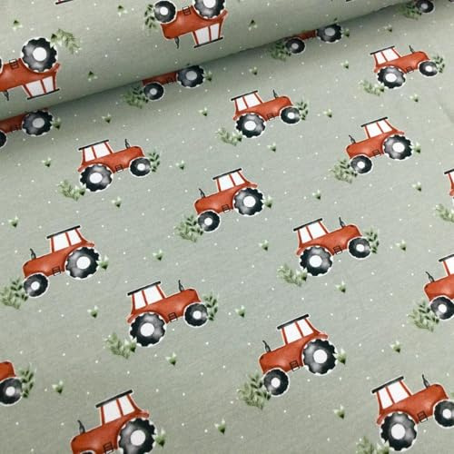 Baumwolljersey Stoff Kinder Fahrzeuge & Tiermotive – 94% Baumwolle 6% Elasthan – Öko-Tex Standard 100 – 150 cm breit – Meterware ab 50 cm für Baby- & Kinderkleidung (Traktor, schilfgrün)