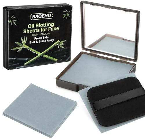 RAQEHO 200 Oil Blotting Sheets for Face - Bamboo Charcoal Oil Absorbing Blotting Paper with Mirror & Puff Disposable Oily Control Removing Face Wipes Pads Oil Skin Women Men Beauty Makeup Essentials