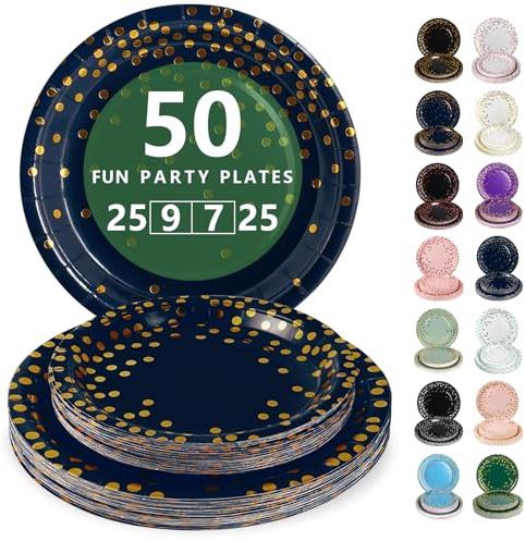 Nkaiso Platos Desechable, 50 Piezas Azul Marino Oro Vajilla de Fiesta Set -25x 23cm & 25 x 18cm Platos de Carton, legante y Resistente para Bodas, Cumpleaños y Eventos
