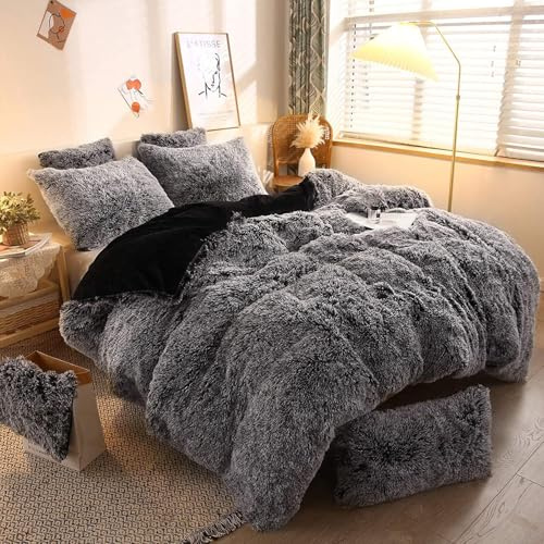 Sacebeleu Winter Bettwäsche 200x220cm Schwarz Plüsch Langhaar Flauschig Flanell Biber Bettbezug Warme Deckenbezug Bettbezug und 2 Kissenbezug 80x80cm mit Reißverschluss