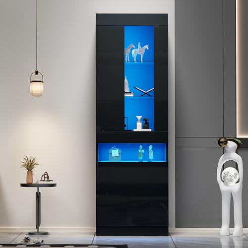 Merax Vitrine mit LED-Lichtern, Vitrinenschrank Glasvitrine mit viel Stauraum, Modern Aufbewahrungsschrank Bücherschrank Standvitrine Wohnwände für Wohnzimmer Büro Esszimmer, Schwarz, 50 x 40 x 180 cm