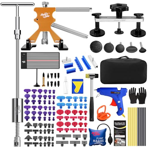 Super PDR 148PCS Car Dent Puller Kit, Paintless Dent Repair Tools with High Viscosity Puller Tabs, Gold Dent Puller Lifter, Dent Light Board for Big & Small Dents, Dings or Hail Damage