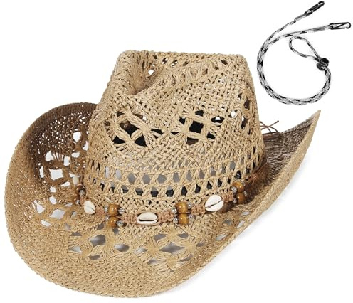 GEMVIE Straw Cowboy Hat for Women Ladies Summer Beach Straw Hat Shapable Brim Western Cowgirl Sun Hat with Turquoise Band and Chin Strap