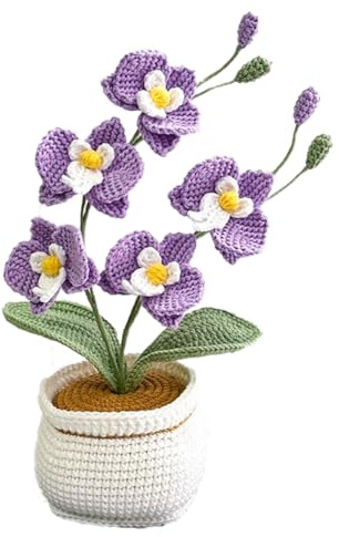 Magicherry Orquídeas de ganchillo hechas a mano en maceta, flores artificiales de orquídea Phalaenopsis con exquisita maceta para regalos de Navidad, cumpleaños, graduación, aniversario, color morado