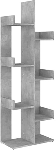 Mhdvray Bücherregal Baumregal in Betongrau, Standregal mit 8 Fächern für Bücher CDs Dekoration, Holzwerkstoff, Kompaktes Medienregal für Wohnzimmer Schlafzimmer, 48 x 25,5 x 140 cm