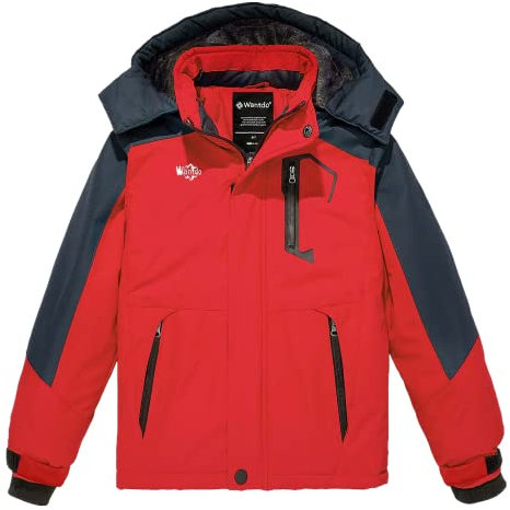 Wantdo Jungen Ski Winterjacke Allwetter Funktions Winterjacke Snowboard Fleecefutter Protektorenjacke Warm Verdickt Outdoorjacke Wandern Windjacke Rot 140-146