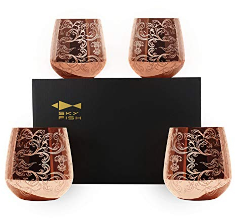 SKY FISH Copas de Vino de Acero Inoxidable Sin Tallo - Juego de 4 Copas de Cóctel de Cobre, 18 Onzas, Oro Rosa.