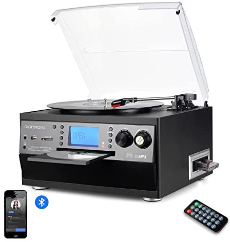 DIGITNOW! Bluetooth Viny Record Player Turntable, CD, Cassette, AM/ FM Radio and Aux in with USB Port & SD Encoding- Remote Control, Built-in stereo speaker, Stand Alone Music Player