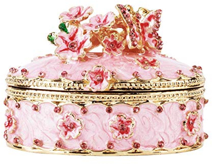 YU FENG Crystal Trinket Jewelry Boxes Hinged,Hand-Painted Pink Flower Butterfly Pattern Jeweled Box for Girls