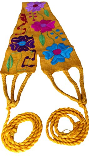 Jacq & Jürgen – Hand-Embroidered Mexican Belt Sash – 28 Belt with 22 Strings – Colorful Floral Design – Traditional Fiesta & Party Accessory- Yellow