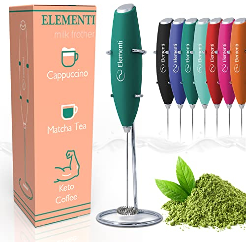 Elementi Electric Milk Frother Handheld, Matcha Whisk, Milk frother for Coffee Frother Electric Handheld Drink Mixer, Electric Mini Whisk Small Hand Mixer (Emerald)