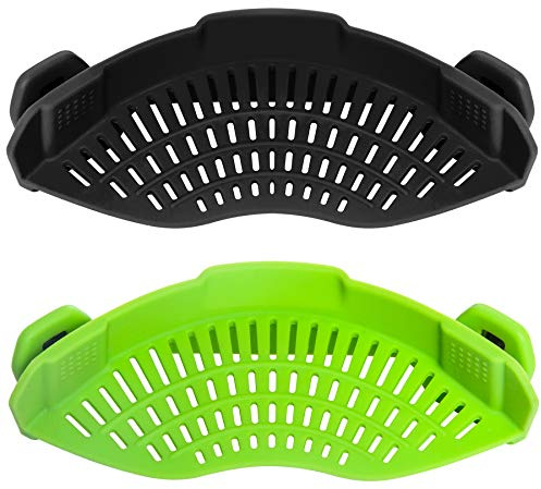 2PACK AUOON Clip on Strainer for All Pots Pans - Silicone Pasta Strainer Kitchen Colander for Draining Noodles Spaghetti Ground Beef Grease｜Easy to Use and Store, Dishwasher Safe (BlackGreen)