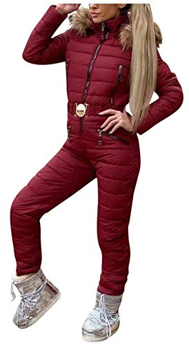 Lazzboy Skianzug Damen Schneeanzug Skioverall Skifahren Skianzüge Overall Jumpsuit Frauen Snowboard Skisuit Outdoor Sport Winter Warme Schnee Sätze Mit Kapuze (Wein,L)