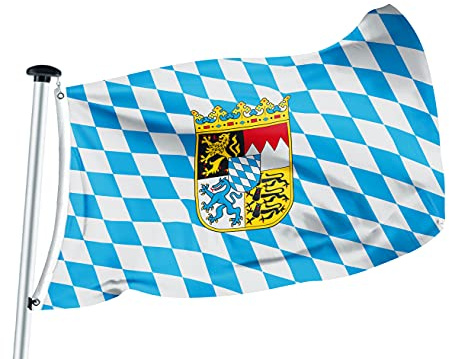 FLAGLY Premium Flagge Bayern-Raute mit Wappen 100x150cm -115g/m² Stoffgewicht - gedruckt, robustes und witterungsbeständiges Glanzpolyester mit Ösen (100 x 150 cm, Bayern-Raute mW)