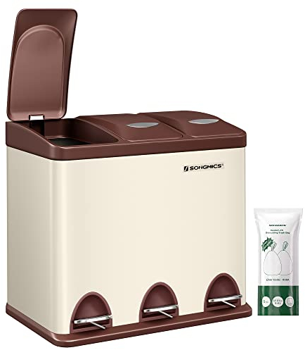 SONGMICS Cestino per Rifiuti da Cucina, 3 x 8 L Pattumiera Differenziata Piccolo Volume, Cestino Triplo in Acciaio, Pedali e Secchi Interni, Facile da Pulire, Bianco Crema e Marrone LTB024A01
