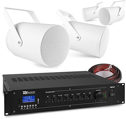 Power Dynamics Outdoor PA System with 4x PSP6 Weatherproof Projector Speakers and PRM120 100V 6-Channel Mixer Amplifier, Bluetooth, Ideal for Garden, Commercial & Public Audio