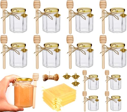 Adabocute Honey Pot, Glass Honey Jars with Wood Dipper, Gold Lid, Bee Charms, Gold Organza Bags, Thank-you Tags, Ideal for Bee Party Favors, 4oz/120ml 12 Pack
