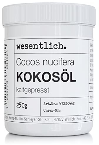 Kokosöl kaltgepresst 250g - reine Pflege für Haut und Haar - ohne Zusätze - in wiederverschließbarer Schraubdeckeldose von wesentlich.
