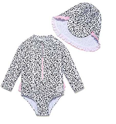 BONVERANO Costume Intero Bambina Manica Lunga Protezione UV 50+ con Cuffia(Blu-White,12-18m)…