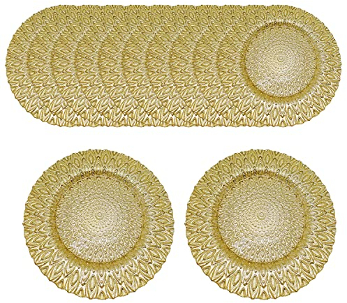 WedDecor 13 Gold Glass Charger Plate with Peacock Design, 12pcs