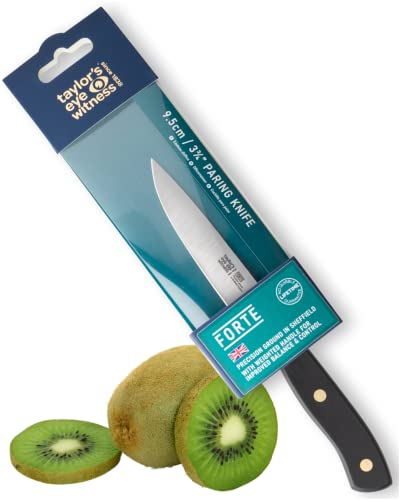 Taylors Eye Witness Made in England Forte Range Paring Knife - 9.5cm|3.5in High Carbon Stainless Steel Razor Sharp, Full Tang Blade. Ergonomically Designed Hand Finished, Triple Brass Rivet Handle