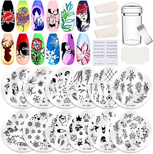 RUIJIE Nail Art Stamping Tampon 12 Pcs Nail Art Plaque d'ongles avec 1 Tampon 1 Grattoir 3 Éponges 10 Tablette de Coton, Stamper DIY Nail Art Image Timbres Plaques, Motif Papillon Fleur Feuille Animal