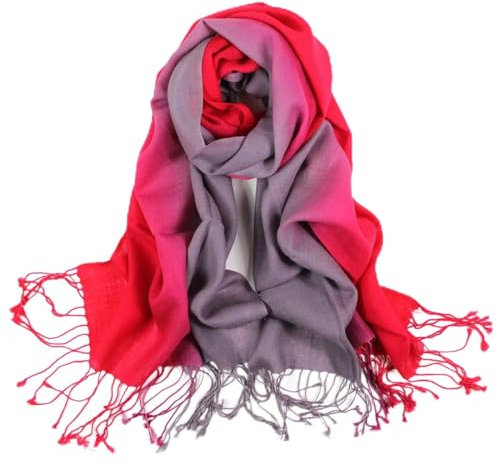 Whoiy Damen Schal Kaschmir, Schal Winter Quasten mit Farbverlauf Grau Rot 180X65cm Warmer Übergroßer Winterschal-Poncho