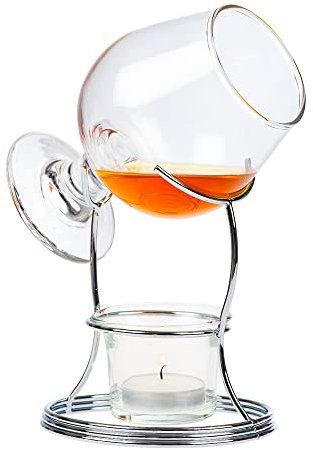 Invero Ensemble de verres à cognac et cognac traditionnel – Comprend un verre de qualité supérieure, un support en métal chromé et une bougie chauffe-plat