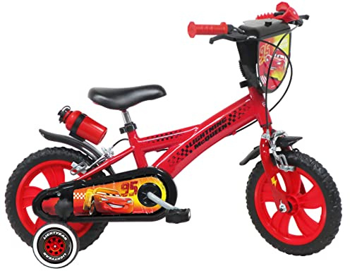 A.T.L.A.S. Jungen Fahrrad 12 Zoll Cars/Mc Queen mit 2 Bremsen, Dekorativer Frontplatte, Schutzblechen, Kurbelgehäuse und Stabilisatoren + Kanister und Flaschenhalter Hinten, rot, 12''