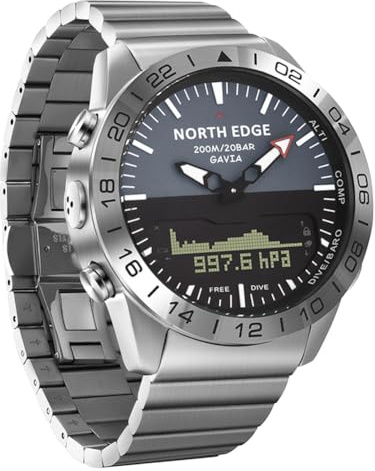 NORTH EDGE GAVIA Montre aviateur de luxe en acier inoxydable analogique numérique pour homme Altimètre boussole Sports de plein air Affaires Loisirs Montre étanche 200 m Argento Bracelet, Argenté