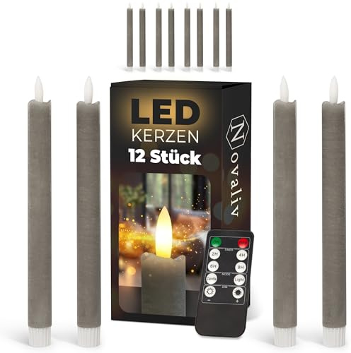 Novaliv Stabkerzen LED mit Timer Taupe GRAU 12 Stück Indoor 6 Stunden ECHTWACHS 23cm Höhe für Kerzen 2,2cm Durchmesser 2 AAA Batterien notwendig LED Stabkerzen 4er Set 3X bewegliche Flamme Licht