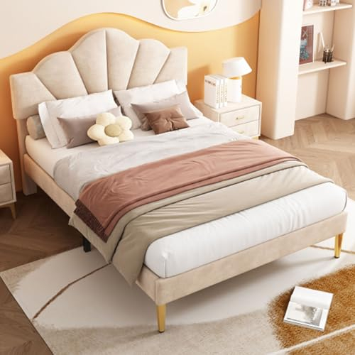 Tcewhhy Polsterbett Muschelartiges Bett Mit Goldenen Eisenbeinen Einzelbett Höhenverstellbares Kopfteil Holz Lattenrost Jugendbett Für Erwachsene Jugendliche Gästebett Beige 140x190 cm