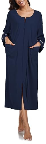 COLORFULLEAF 100% Baumwolle Morgenmantel Damen Leicht Lange Sauna Bademantel Langarm Kimono mit Taschen Frauen Nachtwäsche