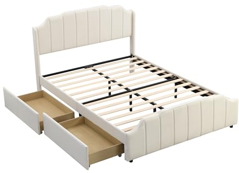 Azkoeesy Polsterbett 140 x 200 cm, mit 2 schubladen, mit Kopfteil, Fußteil und Lattenrost, Jugendbett, Stauraumbett, Bezug aus Samt, Beige