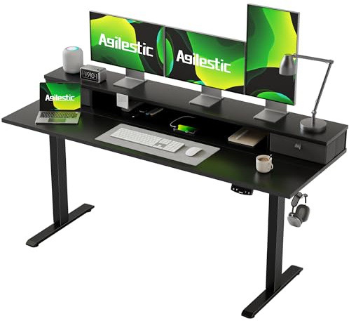 Agilestic Höhenverstellbarer Schreibtisch mit 2 Schubladen | Schreibtisch elektrisch 160 x 60 cm, Gaming Schreibtisch mit 2 Speicherplätzen, Computertisch für Homeoffice, Schwarz