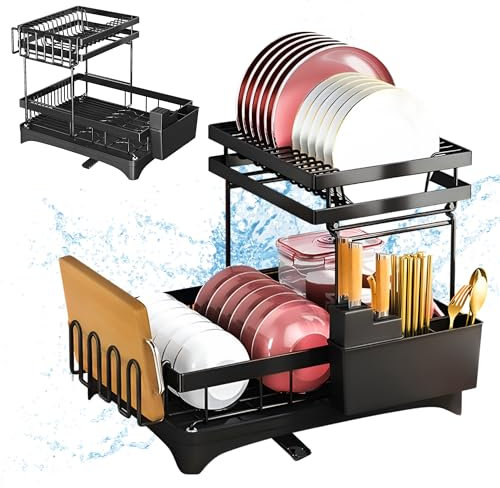 NERIRA®️Escurreplatos sobre Fregadero | Escurridor de Platos 2 Niveles Desmontable Gran Capacidad | Soporte Utensilios Extraible y Boquilla Drenaje Automatico Manteniendo la Encimera Seca 42*30*33cm