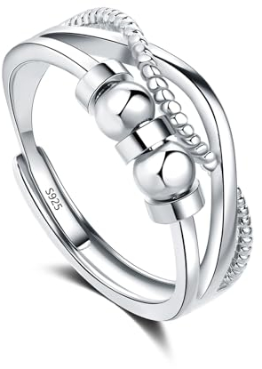 Deyanse Silber Anxiety Ring für Frauren Damen Angst Ring, Offen Einstellbar Anti Stress Rings Verstellbar Stressring, Dekompressionsring mit Perlen, Unendlichkeit Spinner Fidget Ringe für Angst Stress