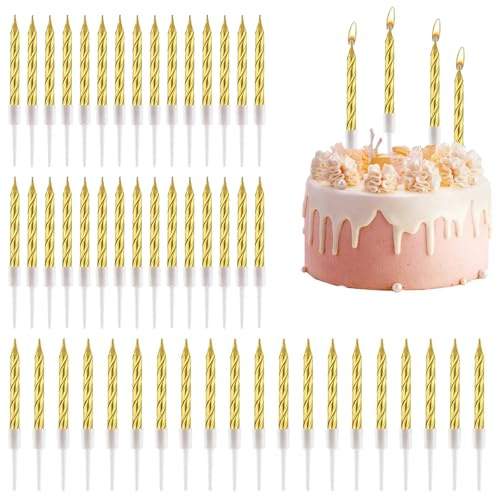 Pack de 50 Bougies Anniversaire Or Spirales, Bougies de Gâteau d'Anniversaire Longues avec Supports, Bougies d'Anniversaire en Spirale, Bougies Anniversaire Adulte (Gold)