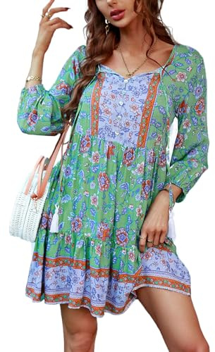 TcIFE Vestido Túnica Bohemio para Mujer, Vestido de Playa, Verano, Manga 3/4, Cuello en V, Floral, L, Verde